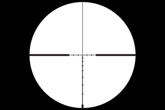 Close up view of the Trijicon Credo HX 1-6x scope's green illuminated SFP .223 BDC Hunter reticle.